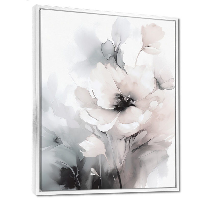 Douces fleurs gris clair I - art mural floral, H 44 po x l 34 po, Cadre flottant blanc