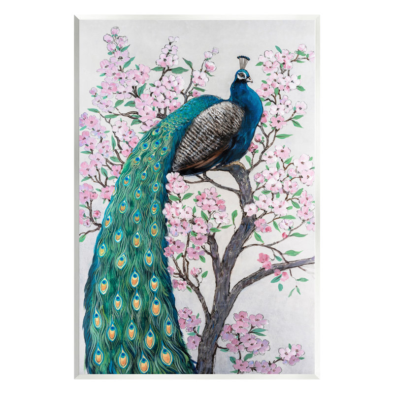 Paon perché sur des fleurs, art mural par Tim Ottoole, H 19 po x l 13 po