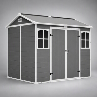 Durable 8x6 ft Plastic Utility Shed with Floor – Lockable, All-Weather Storage for Garden Tools and Trash Bins in Gray-White