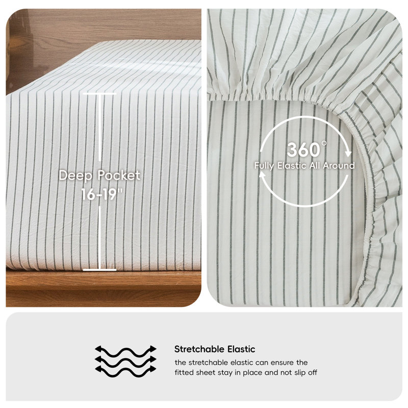 MooMee Striped Sheet Set 100% Washed Cotton Linen Like Textured Breathable Lightweight, King Sheet Set with 2 Pillowcases