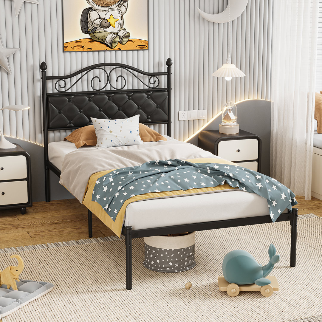 Vintage Metal Platform Bed With Premium Leather Headboard Winston Porter 