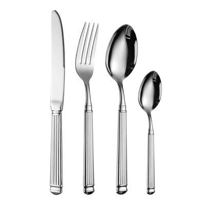 16 Pieces 304 Stainless Steel Flatware Set - Steak Knife, Spoon, Fork, Dessert Spoon, Rice Spoon, Soup Spoon - Roman Column Design - Bulk Wholesale