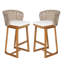 Ensemble de 2 tabourets de bar d'extérieur en bois d'acacia avec finition en teck, coussins beiges et dossiers en osier brun clair