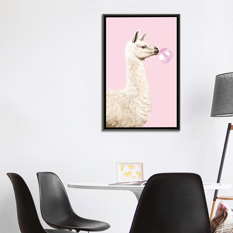 Art gomme à bulles ludique llama, H 40 po x l 26 po x P 1,5 po, Toile encadrée de bois rustique foncé