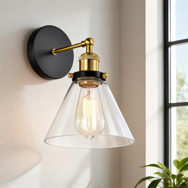 Mateo 1-Light Black and Antique Brass Wall Sconce with Clear Glass Shade, Matte Black/Antique Brass