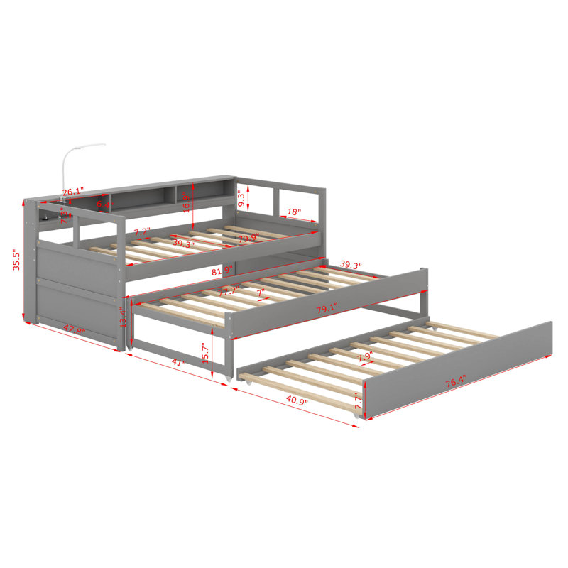 Twin XL Wood Daybed With 2 Trundles, 3 Storage Cubbies, 1 Light For Free And USB, Gray