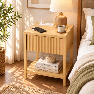 Bamboo Nightstand with Charging Station and Drawer