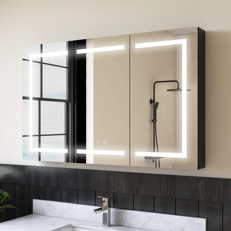 Pharmacie à fixation en surface avec miroir et désembueur 47 po x 30 po Medunjess, H 29,92 po x l 47,48 po x P 5,31 po