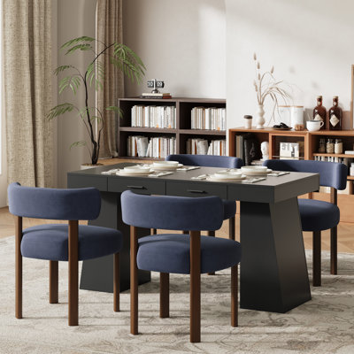 4-Person Solid Wood Dining Set with 55" Rectangular Table and 4 Upholstered Chairs