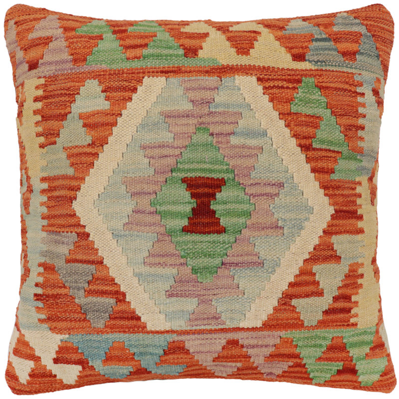 Coussin rustique en kilim tissé à la main rustique Shaw, H 20 po x l 20 po, Orange / rouge / vert