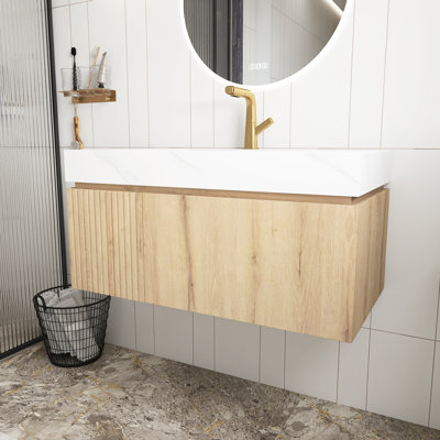 Meuble-lavabo blanc en grain de bois de 36 po avec lavabo, comptoir en pierre frittée blanc Carrara et lavabo en céramique avec 1 trou de robinet pré-percé, armoire de rangement en contreplaqué flottant avec tiroir et porte, pré-assemblé