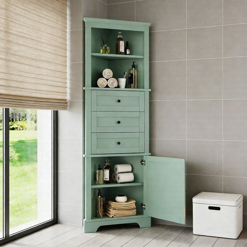 Triangle Tall Corner Cabinet With 3 Drawers And Adjustable Shelves, MDF Storage Cabinet For Bathroom, Kitchen, Or Living Room