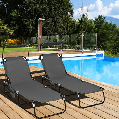 Dark Grey Patio Sun Chairs With Foldable Design And Side Pocket - Poolside Lounge Reclining Feature Sunshade