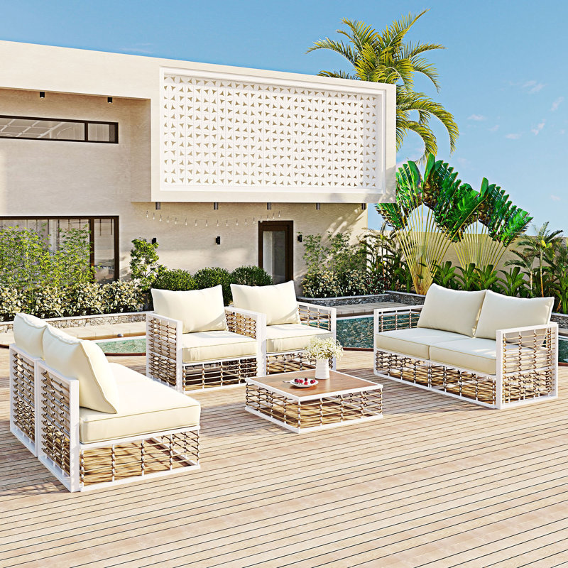 7-Piece Patio Conversational Sofa Set, Brown/White