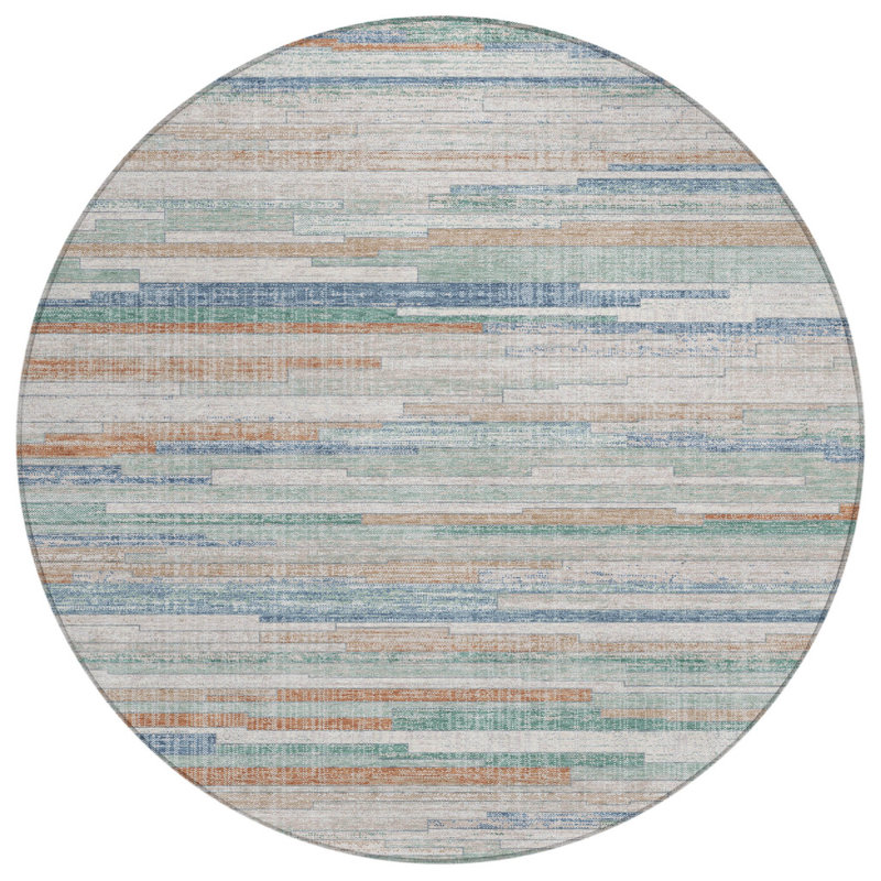 Tapis intérieur lavable rayé rond 8 pi Lin and Pale Aqua