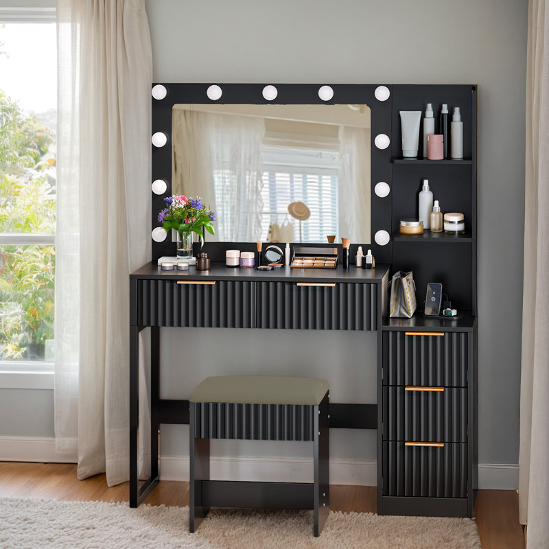 Lighted Vanity Set - 11pcs 3-Color Dimmable Bulbs, 5 Drawer, Black