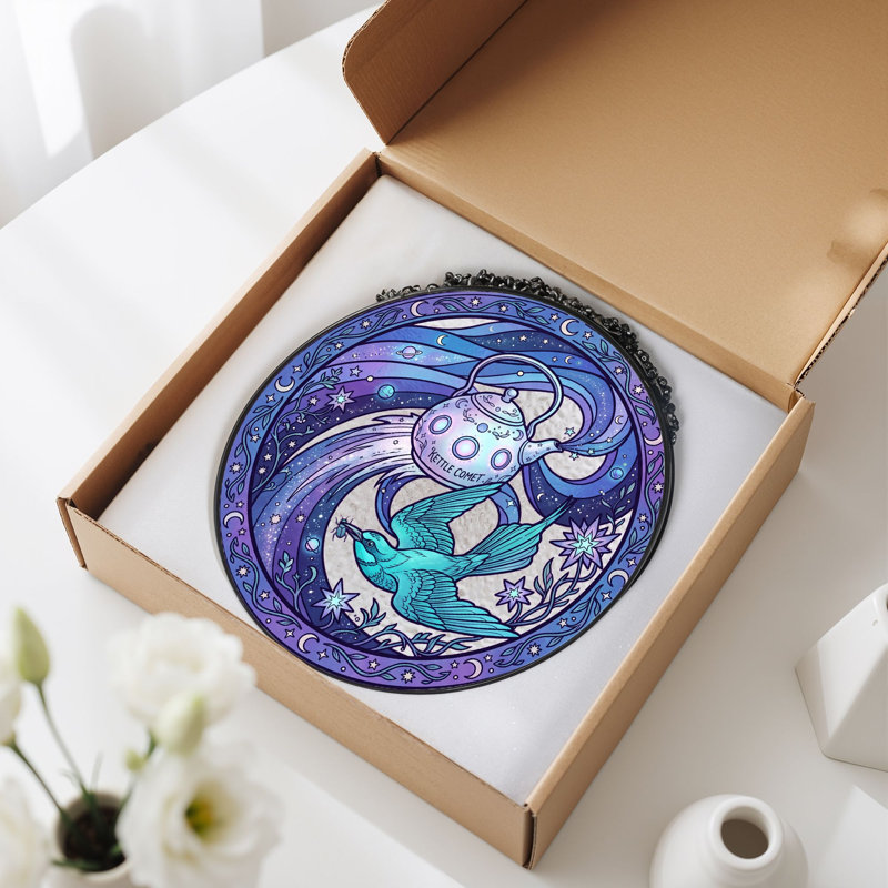 Kettle Comet Stained Glass Window Panel，7.8H, 7.8"H
