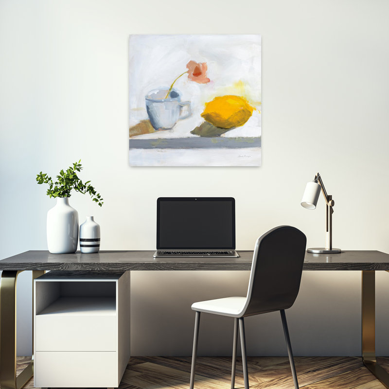 Art contemporain au citron avec tasse bleue, H 18 po x l 18 po