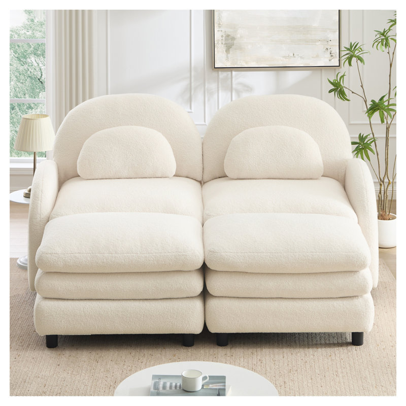 Canapé modulaire 2 places en tissu avec repose-pieds, dossier incurvé et coussins lombaires Teddy, Beige