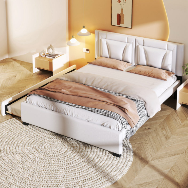 Grand lit plateforme tapissier avec tête de lit et gigogne simple, Blanc