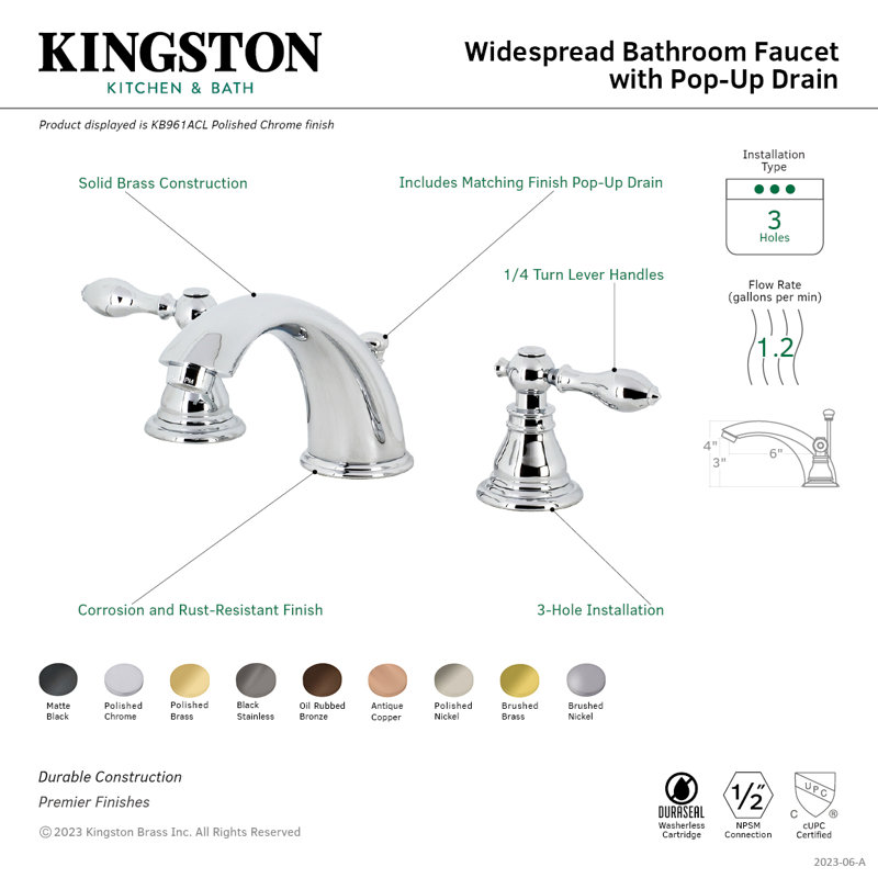 Kingston Brass American Classic Two-Handle 3-Hole Deck Mount Widespread Bathroom Faucet with Retail Pop-Up Drain, Matte Black