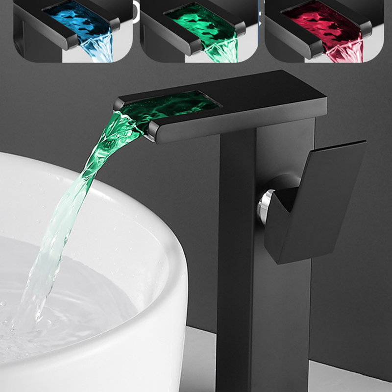 Waterfall Bathroom Vessel Faucet Led Light 3 Color Changing Single Handle One Hole Bowl Sink Faucet, Matte Black