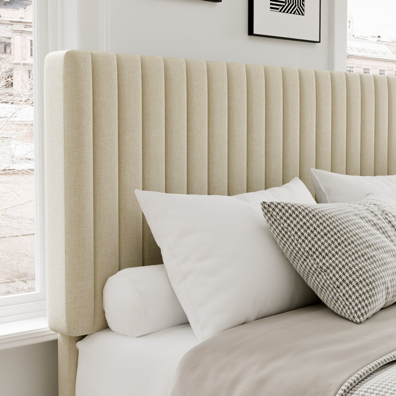 Très grand lit plateforme tapissier avec tête de lit réglable et lattes en bois, Beige, Très grand