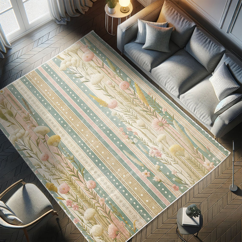 Cadet Blue and Blush Floral Synthetic Area Rug, 2'5" x 5'