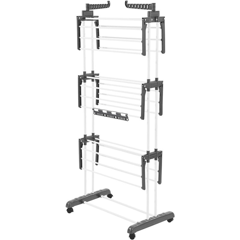 Séchoir à linge pliable à 4 niveaux, support à linge en métal avec ailes latérales, cintre portatif autoportant avec roulettes, style utilitaire intérieur et extérieur