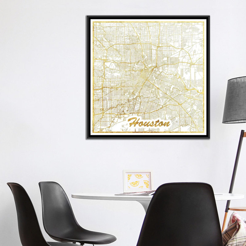 « houston gold feuille urban blueprint map », reproduction d’impression sur toile, H 18 po x l 18 po x P 1,5 po, Pas de tapis