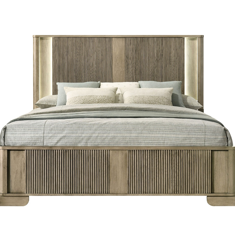 Cadre de grand lit avec tête de lit à DEL, style transitionnel, finition chêne antique, panneaux, bois massif pour chambre à coucher avec aspect rustique
