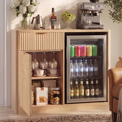39.4" Coffee Bar Cabinet with Fridge Space,Mini Fridge Liquor Cabinet with Wine Storage & Charging Station,Fluted Buffet Sideboard with Glass Holder