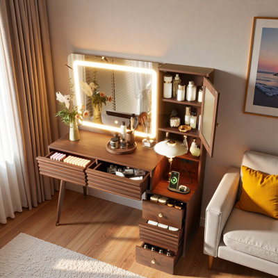 Bureau de maquillage avec miroir et lumières, 5 tiroirs, armoire de rangement en verre cannelé et prise de courant