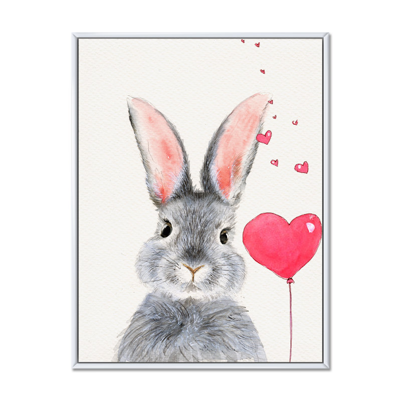Adorable lapin gris moelleux avec cœur rouge - reproduction sur toile, H 44 po x l 34 po x P 1,5 po, Cadre flottant blanc