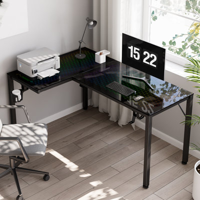 L-Shaped Glass Top Metal Base Writing Desk