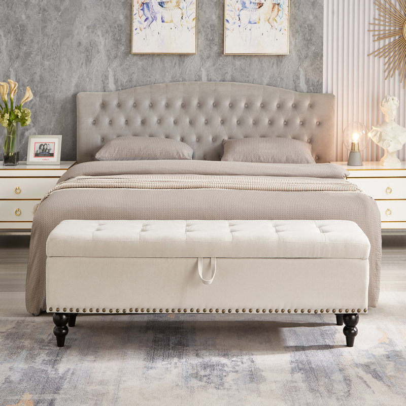 Banc de lit 59 po avec rangement, rembourrage, pieds en bois massif, tissu de rangement en lin pour décoration intérieure moderne, pour différentes pièces, bouton, cadre