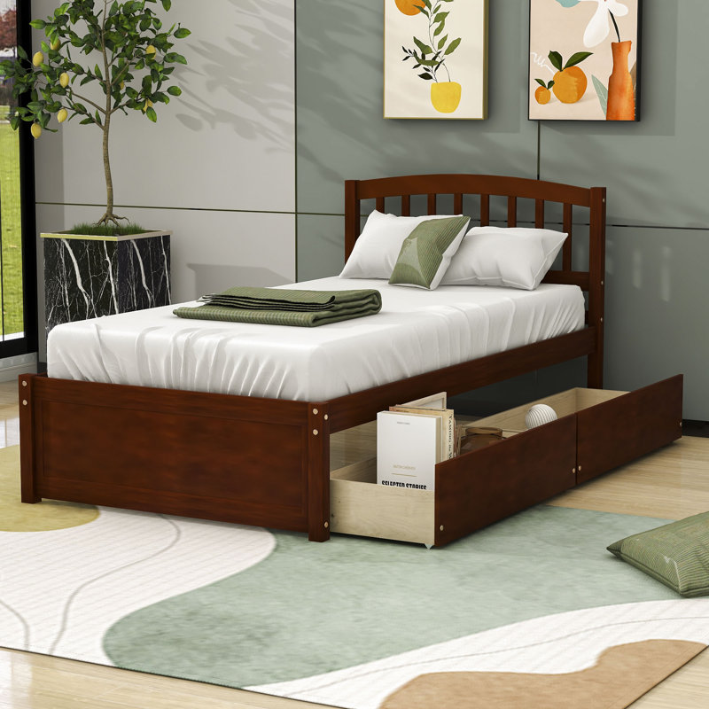 Twin Size 2 Drawers Platform Bed with Headboard, Walnut