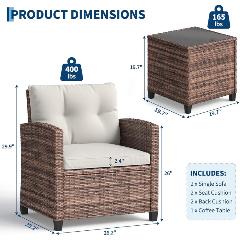 3-Piece All-Weather PE Rattan Patio Bistro Set, 30% Thicker Wicker Steel Frame Furniture with Washable UV Cushions & Suction-Cup Tempered Glass Tabletop for Porch, Backyard & Poolside, Brown+Beige