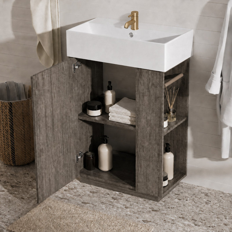 Meuble-lavabo autoportant de 55 cm de largeur, avec rangement latéral ouvert et dessus en céramique., Gris