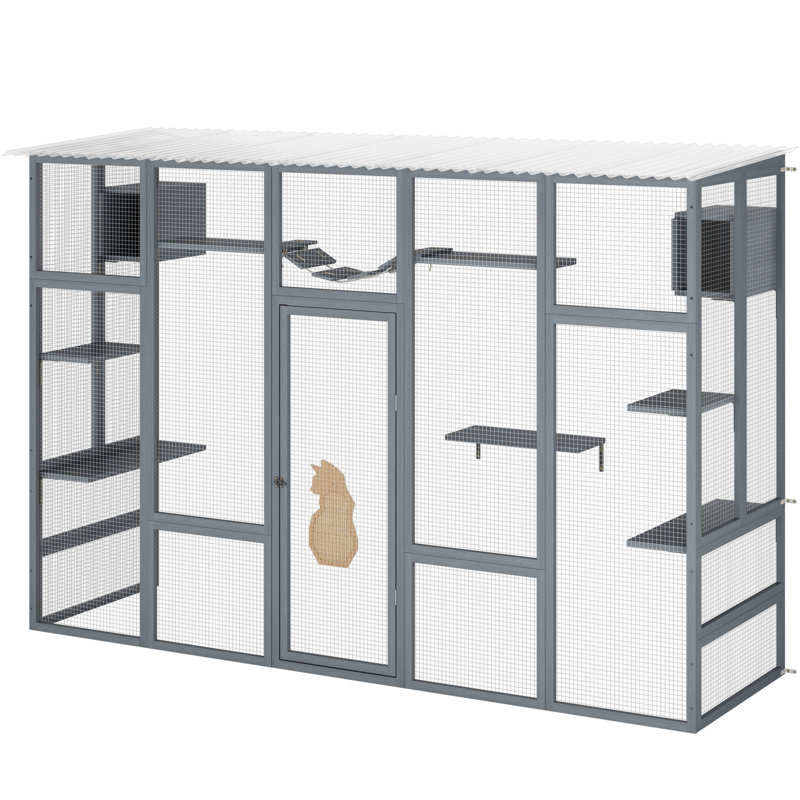 Grey Wooden Cat Enclosure With 6 Jumping Platforms, 2 Condos, Bridge And Scratching Spacious Rock, Grey