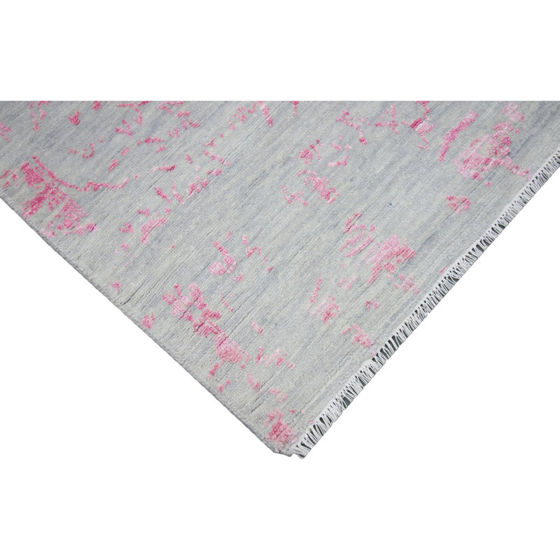 Tapis argenté / rose noué à la main de haute qualité, Rectangle 8 pi x 10 pi