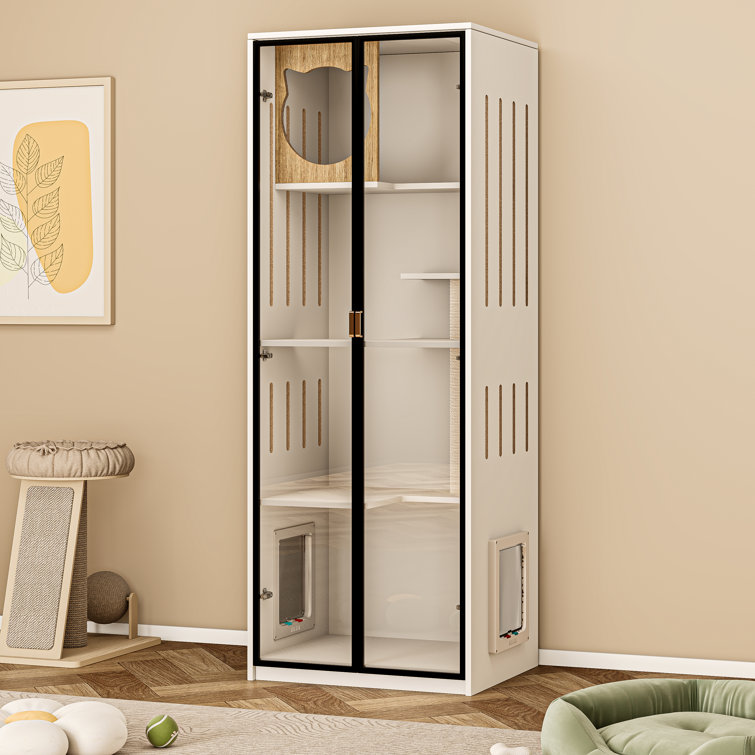 19.7'' Glass Display Cabinet Cat Climbing Multi-level Cat House Furniture With Tower, Scratching Posts And Glass Doors For Apartment