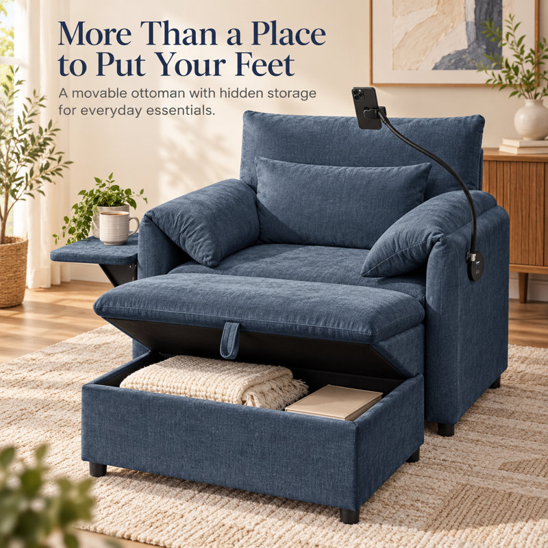 Chaise longue en chenille avec repose-pieds, dossier réglable, table d'appoint pliable et ports de charge USB Norelvessique