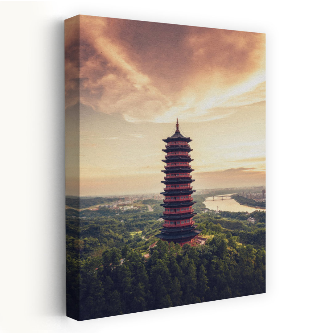 Golden Pagoda Sunset Peaceful Serene Traditional Architecture City Wall Art Print