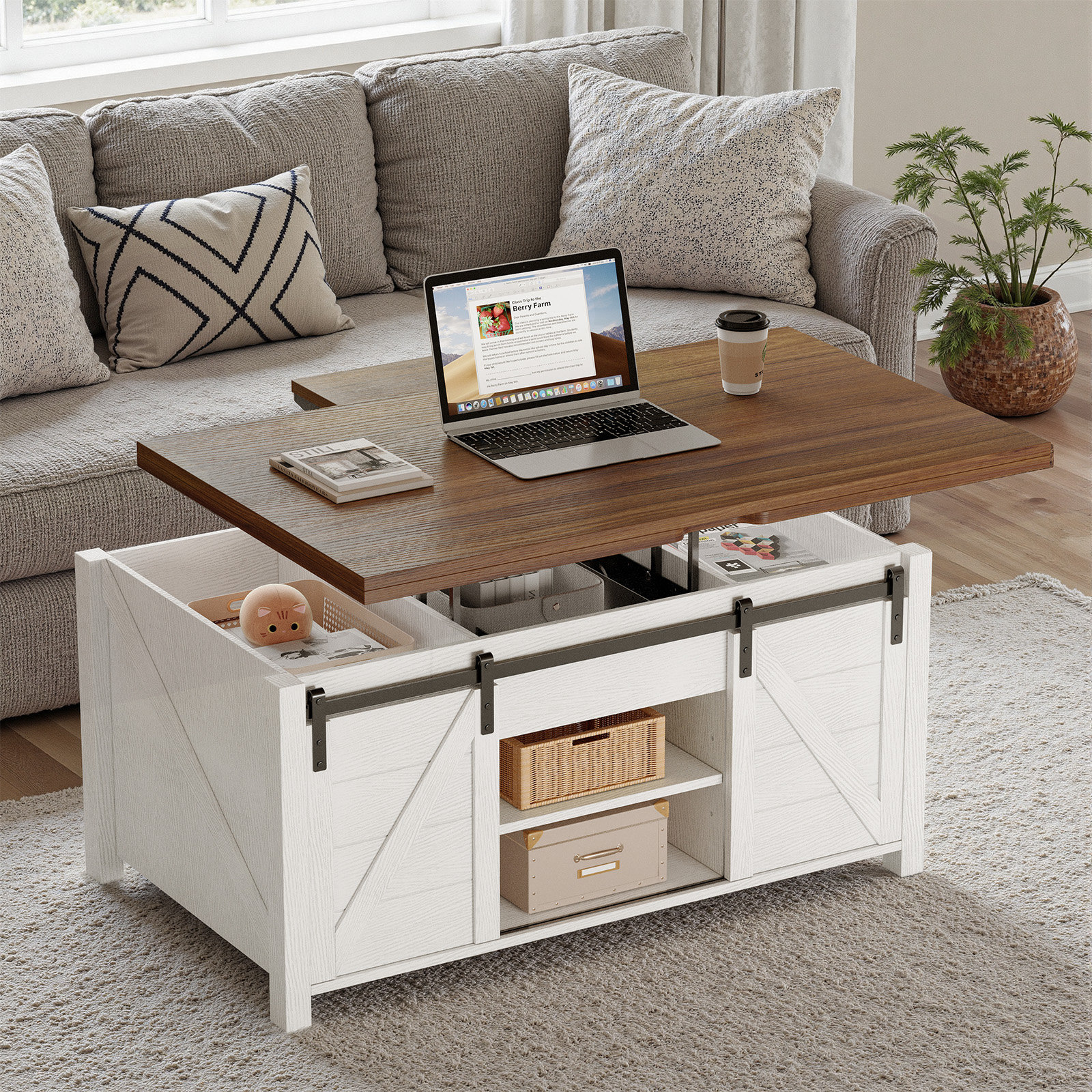 Gracie Oaks Farmhouse Lift Top Coffee Table With Sliding Barn Door