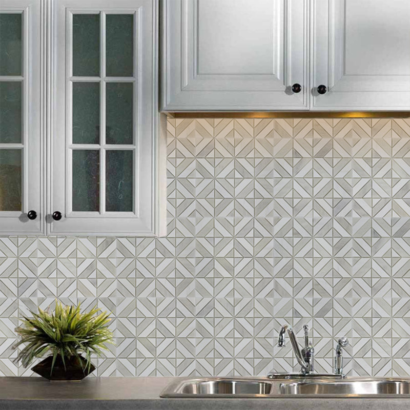 3" x 3" Marble Grid Mosaic Tile, White/Gray