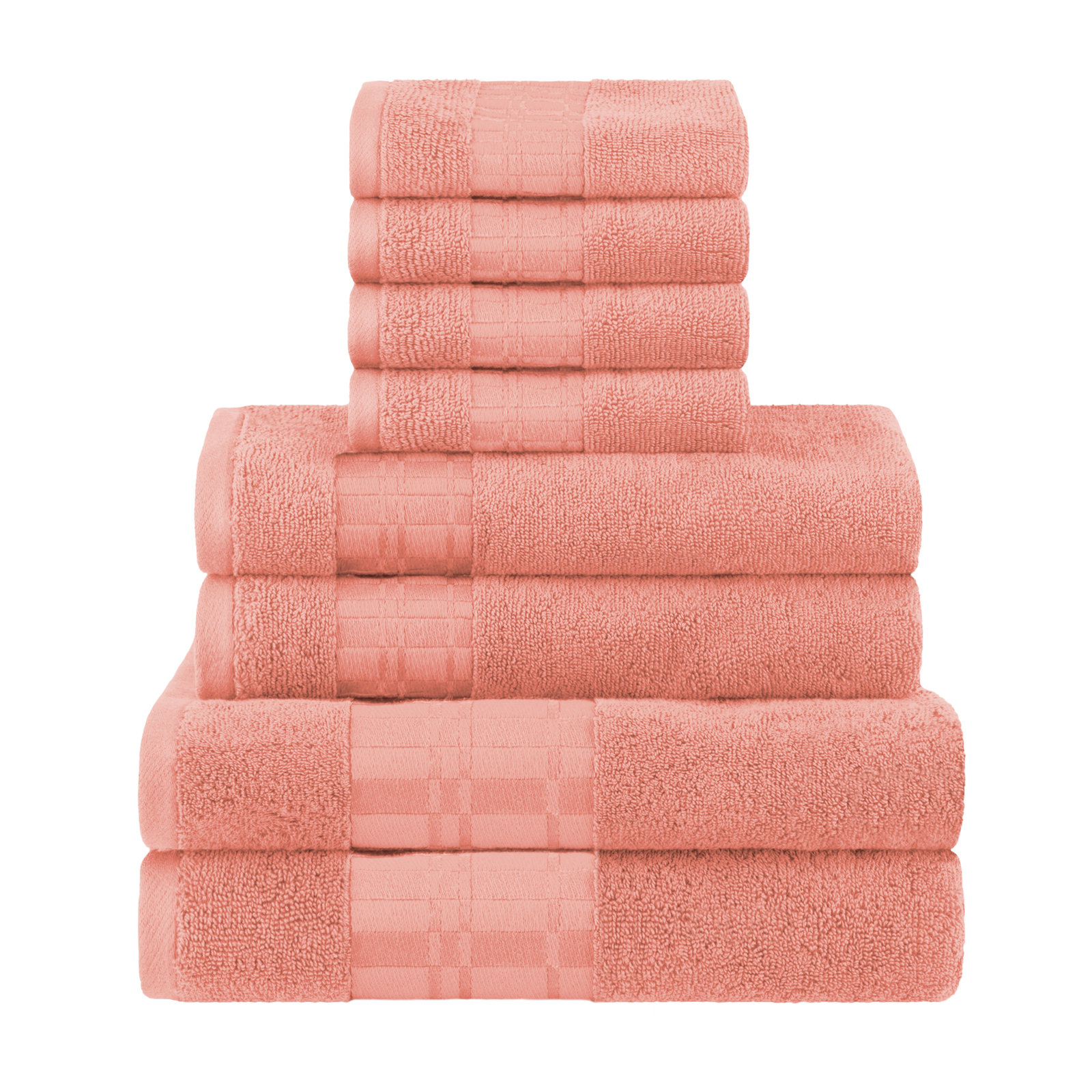 Mikira Larissa Cotton Medium Weight Geometric Border 8 Piece Assorted Towel Set, Coral