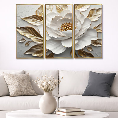 White And Gold Peony Bloom III - Peony Wall Art Living Room Set