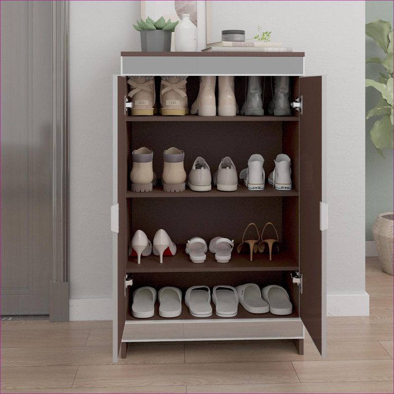 Cabinets | Modern Mirrored Double Door Shoe Storage Cabinet, Walnut Brown Finish, Brushed Silver Edging | Contemporary | Entryway