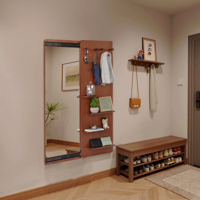 Wall Mounted Full Length Mirror With Shelf And Hook, Multifunctional Design For Bedrooms, Living Rooms, And Entrances In Walnut Finish